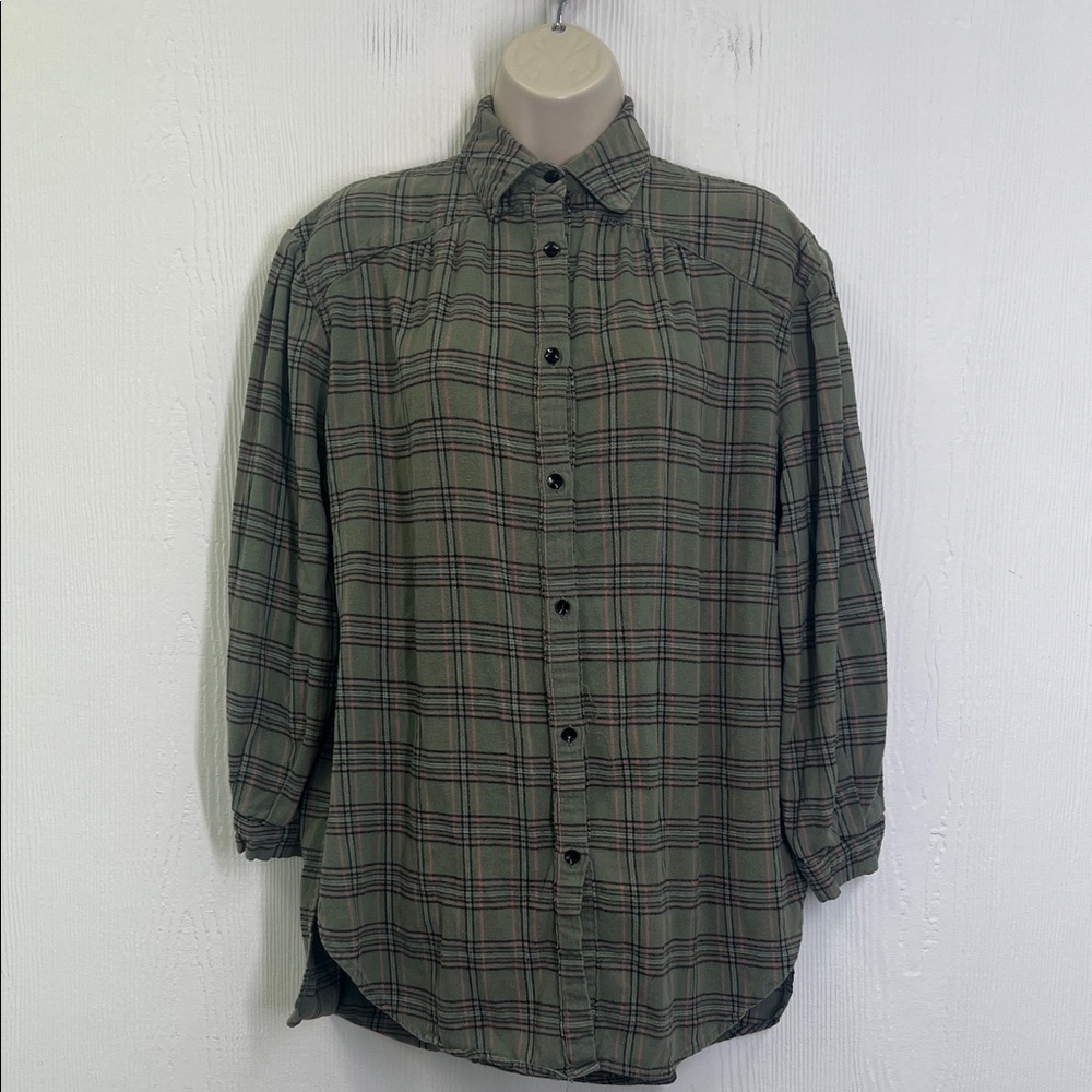 Natural Life - Green Pink Plaid Button Down Long Sleeve Blouse Size Small